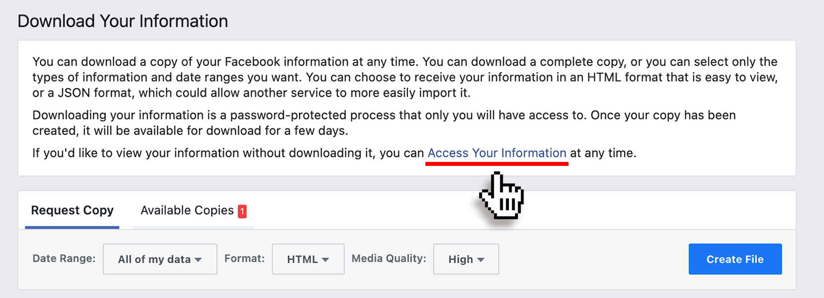 Facebook view data without download