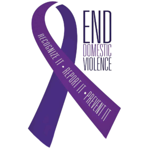 Text - End Domestic Violence with a purple ribbon to teh left