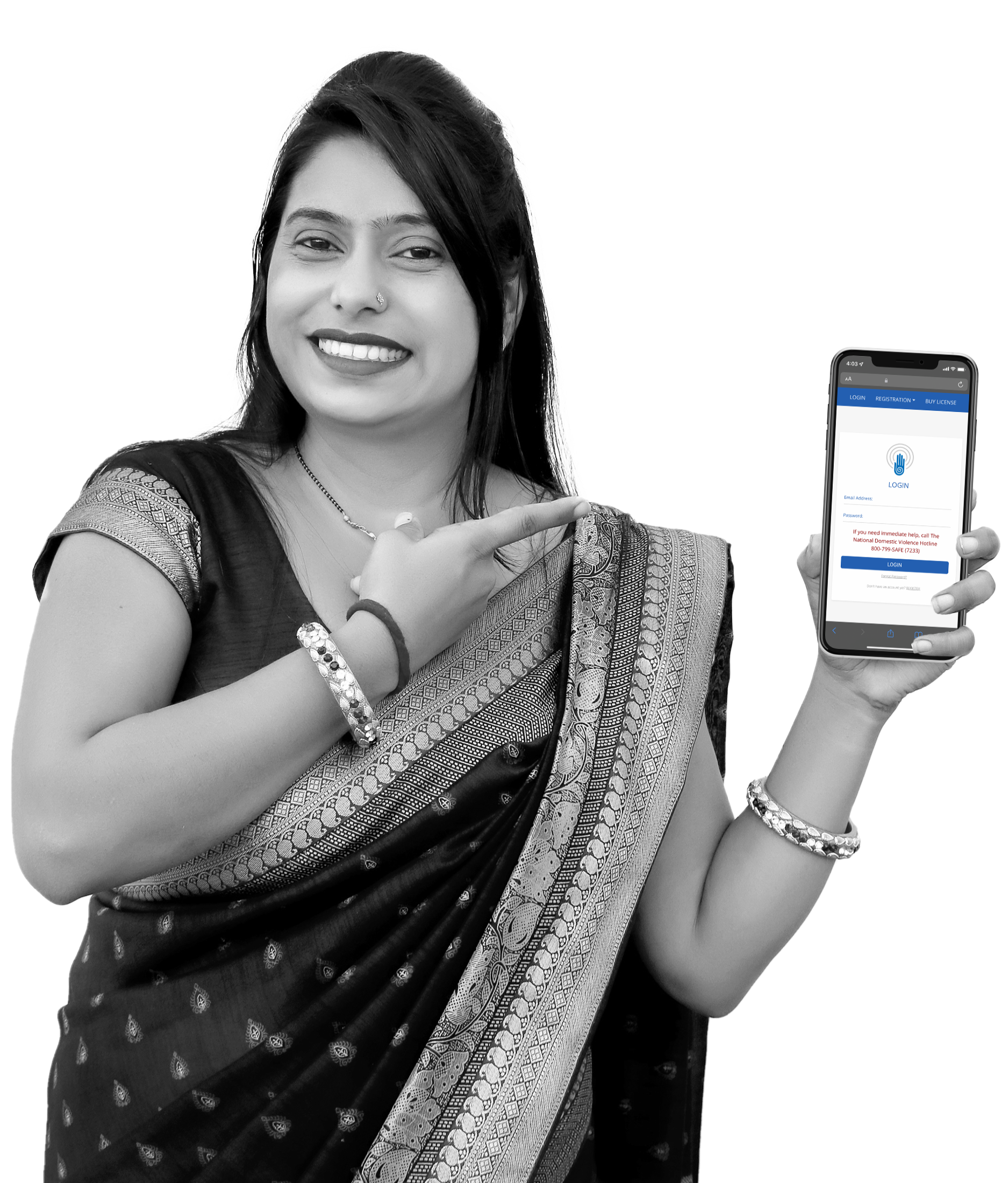 Indian woman holding VictimsVoice App